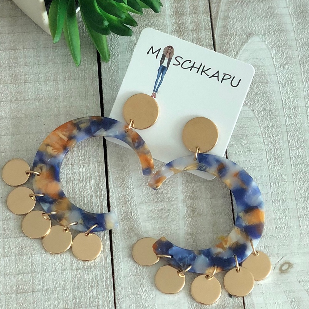 HALF MOON BLUE RESIN DROP EARRINGS - Picture 1 of 3